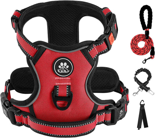IVY&LANE No Pull Dog Harness for Large Dogs, Dog Vest Harness with Leash, Safety Belt and Storage Strap, Fully Adjustable Harness, 360° Reflective Strip, Soft Handle (Red, XL)