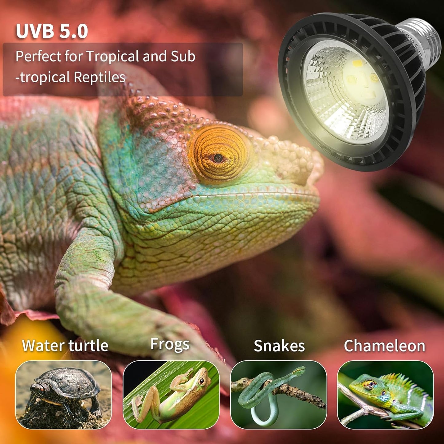 UVB Light Bulb for Reptiles, LED 3W 10.0 UVA UVB Heat Lamp Bulbs Ideal for Rainforest Reptiles, Bearded Dragons Lizard Turtle Tortoise Iguanas Chameleons Snake (2 Pack)