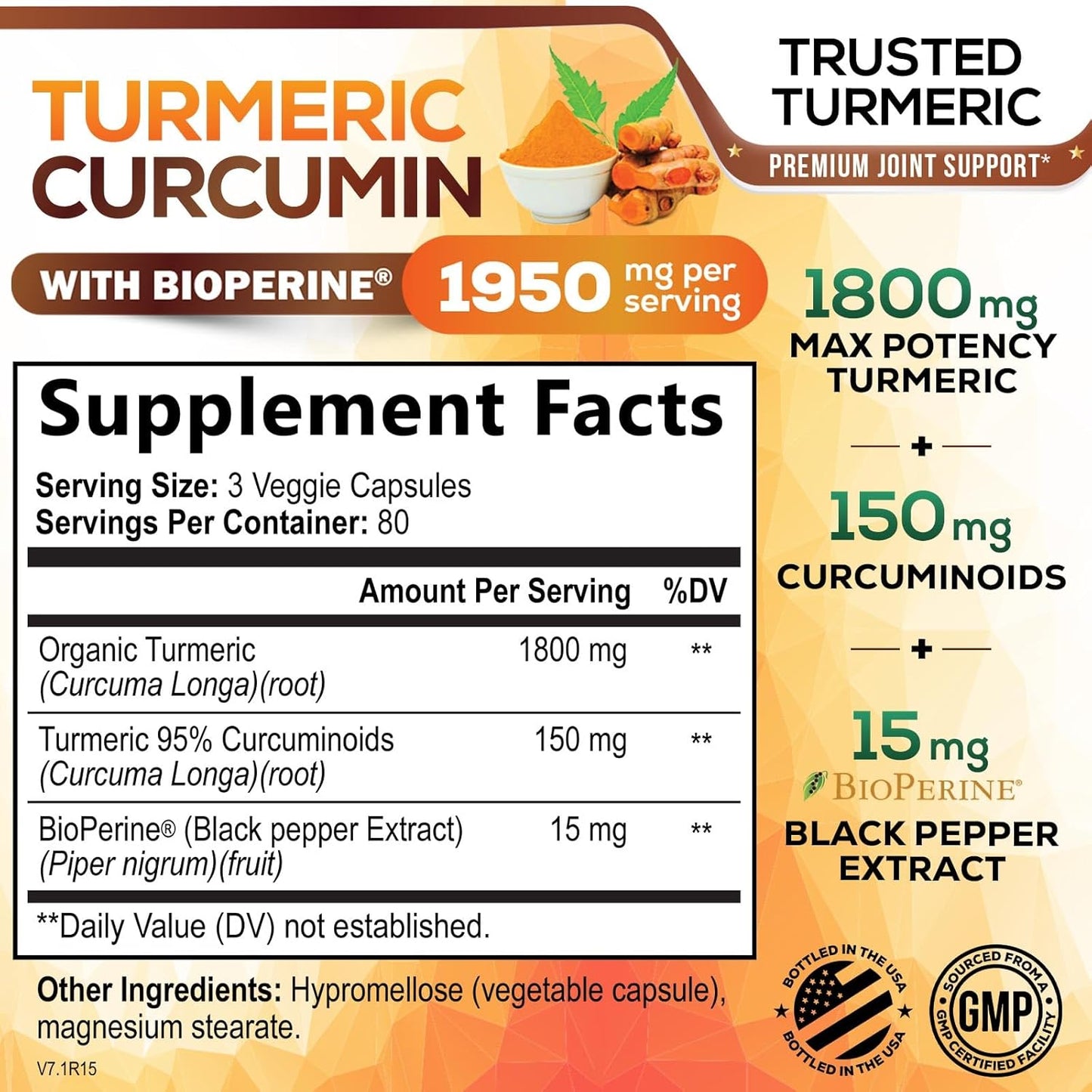 Turmeric Curcumin Supplement 1950mg - 95% Curcuminoids with Organic Turmeric & BioPerine Black Pepper Extract for Best Absorption, Nature's Vegan Joint Support, Non-GMO, Bottled in USA - 240 Capsules