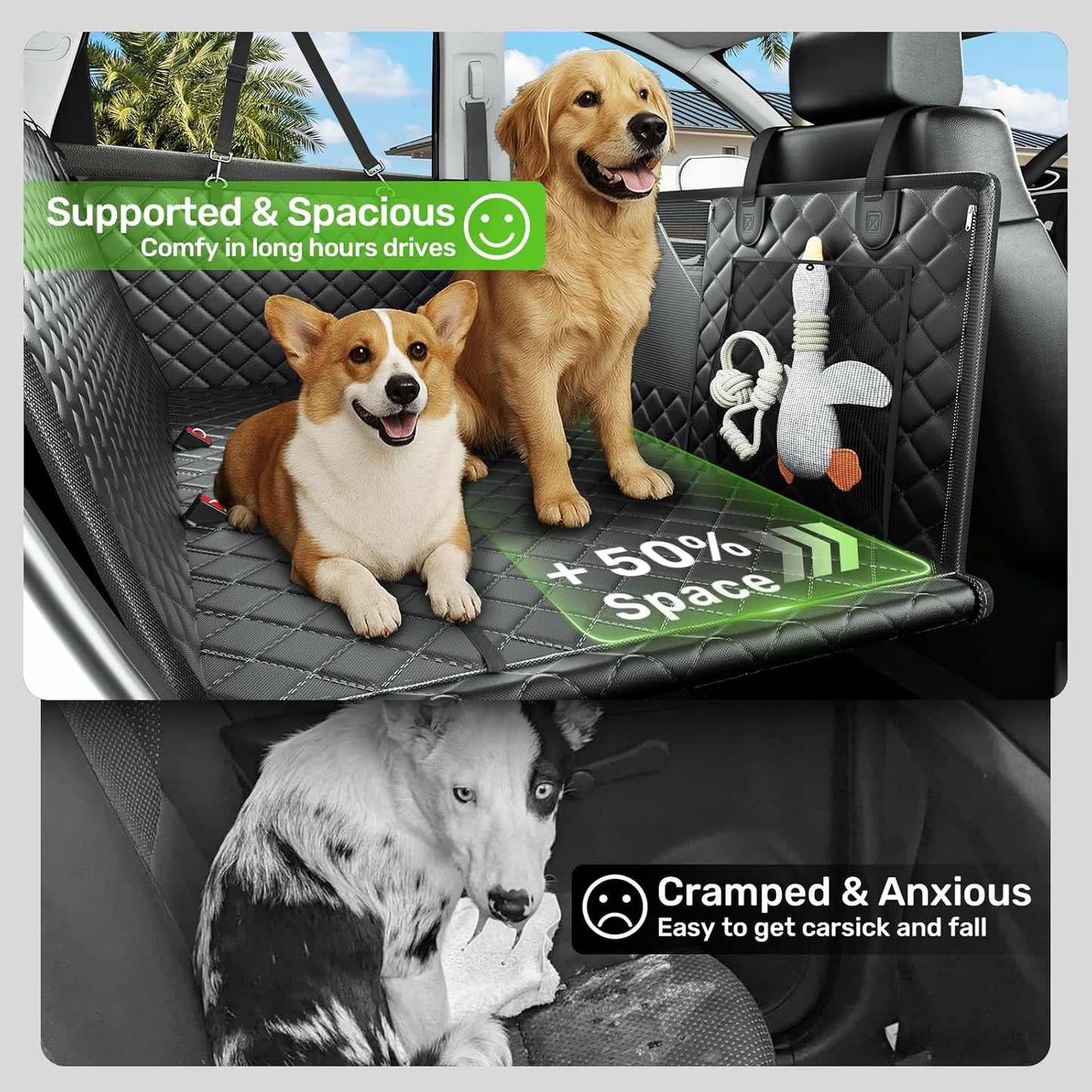 Zanch 2025 Upgraded Dog Car Seat Cover, 400 lbs Heavy Duty Hard Bottom, Waterproof & Anti-Scratch Back Seat Protector, Nonslip Pet Hammock Extender for Cars, SUV, Trucks, Standard-Black