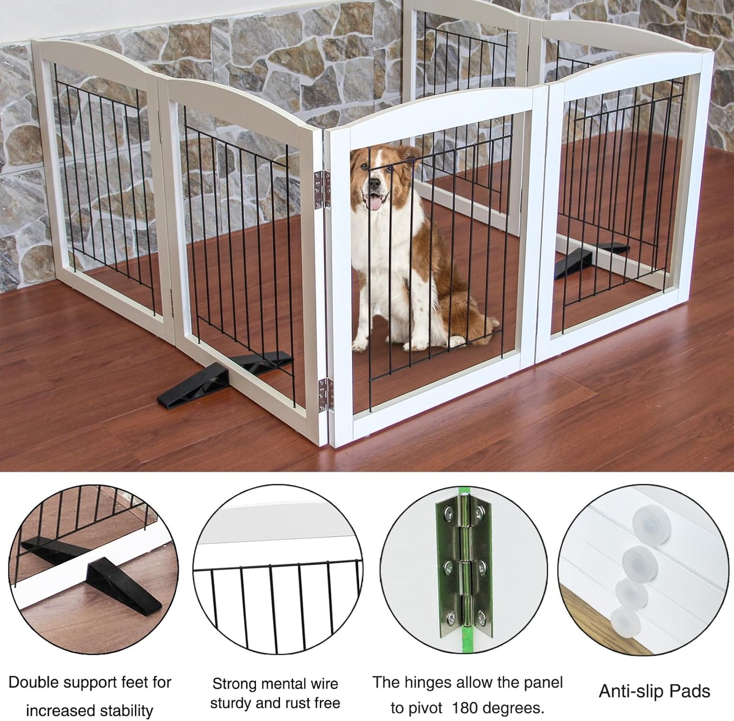 ZJSF Freestanding Dog Fence Indoor, Foldable Dog Gate for Doorways, Stairs or Hallways, Sturdy Wood Extra Wide Pet Gate with Support Feet for The House, White, 32 "Height-6 Panels