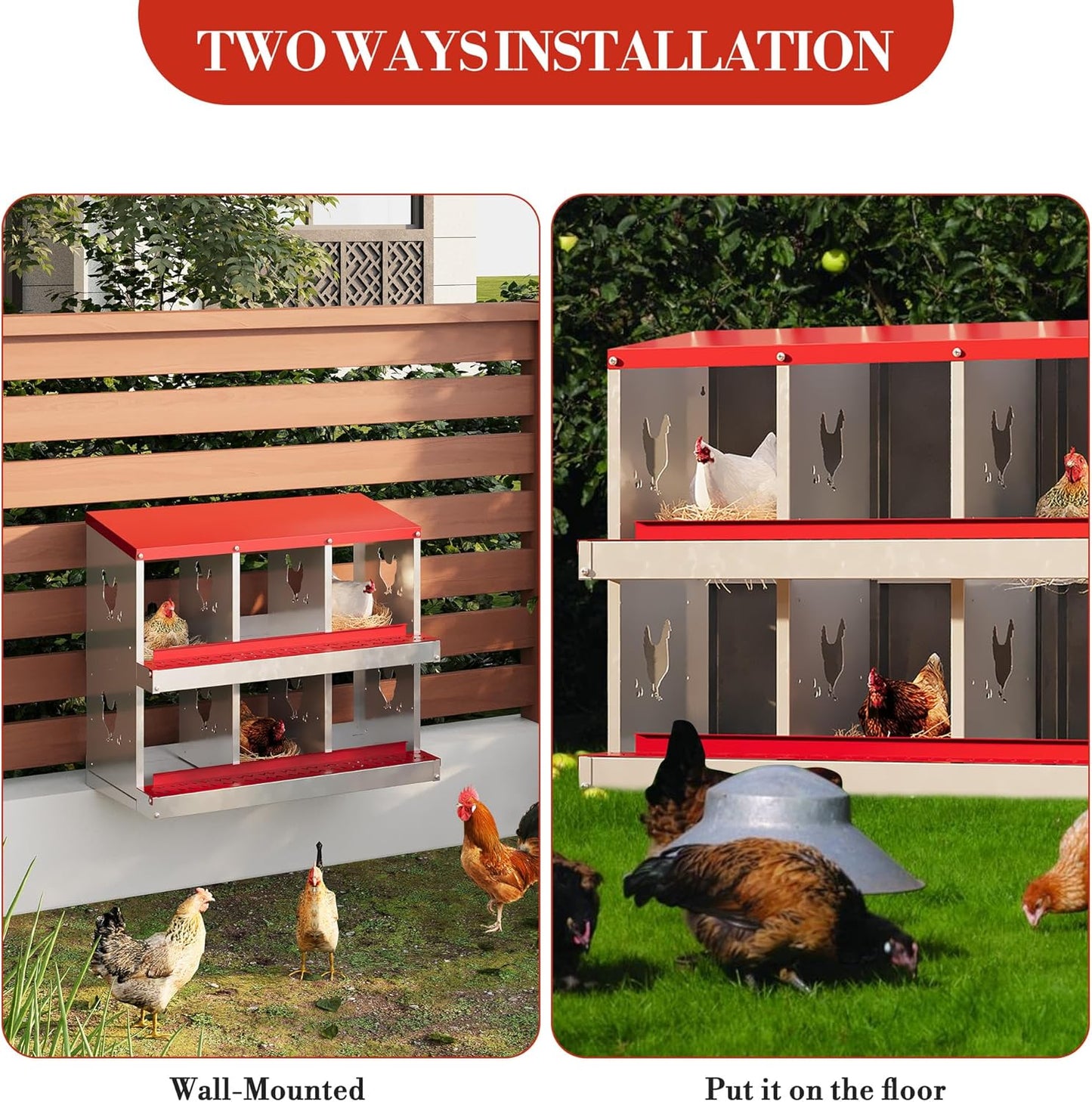 6 Hole Chicken Nesting Box with Roll Out Egg Tray, Rustproof & Ventilated Chicken Laying Boxes for Hens, Chickens, Ducks | Easy-Clean Poultry Coop Accessories