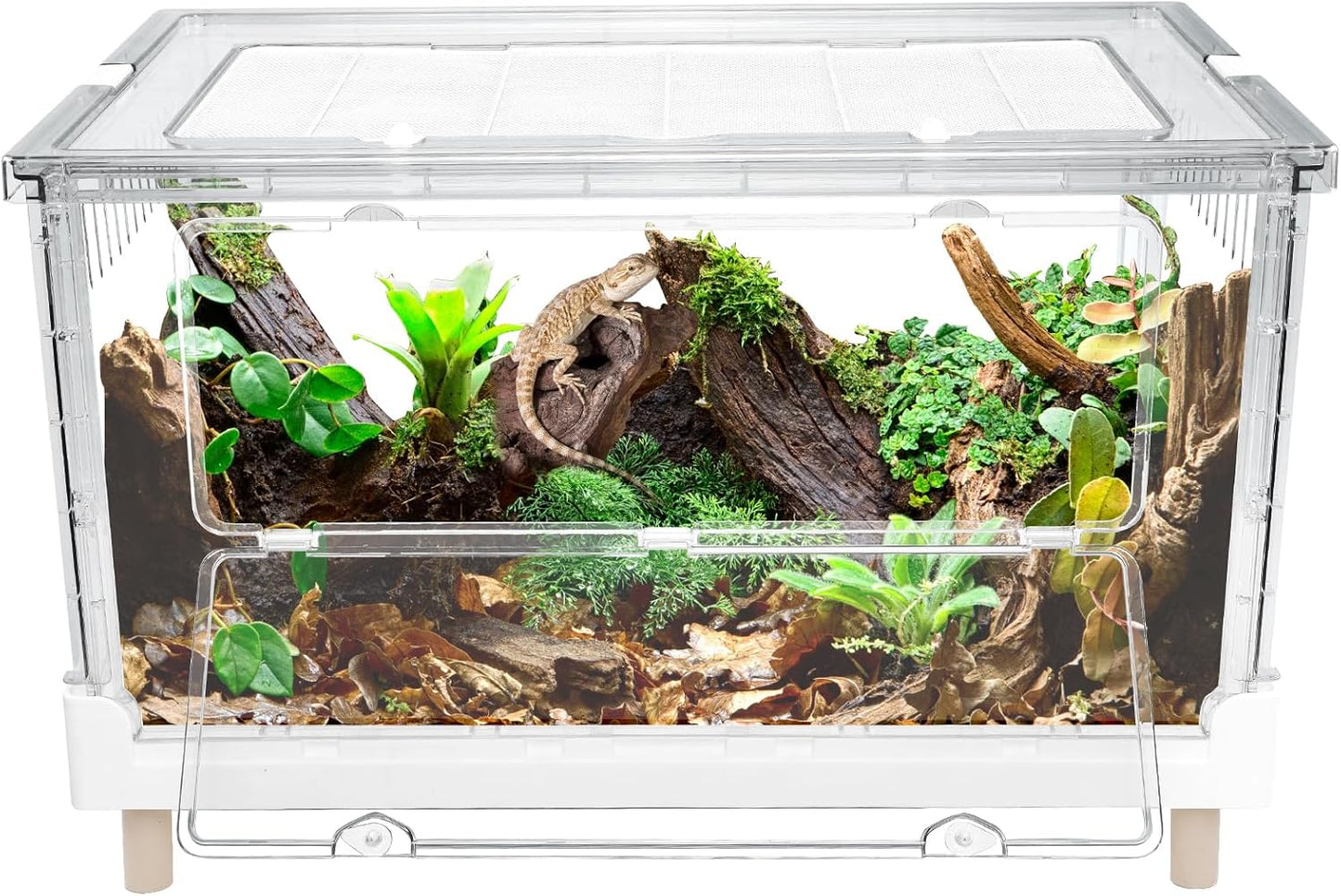 Large Clear Foldable Reptile Habitat Cage - Easy Assembly, Front Opening, Escape Proof Lock, for Hamster, Lizard, Hedgehog, Small Animals (27.5" L x 17" W x 15.5" H)