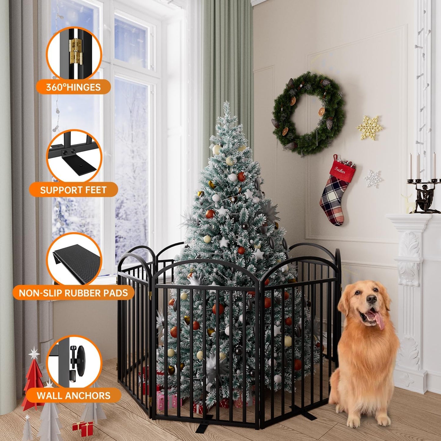 8 Panles Full Matel Freestanding Dog Gates with Door, 192"Extra Wide 32"Tall Free Standing Dog Pet Gate for Indoor & Outdoor. Foldable Pet Fences for Doorways, House, Stairs, Porch, Deck, Yard