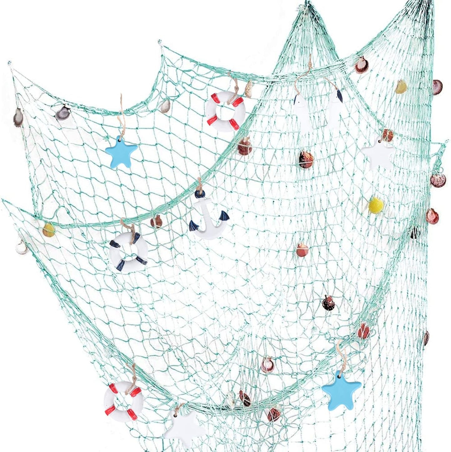 Nature Fish Net Wall Decoration with Shells, Ocean Themed Wall Hangings Fishing Net Party Decor for Pirate Party,Wedding,Photographing Decoration (2pack-Aqua/Aqua)