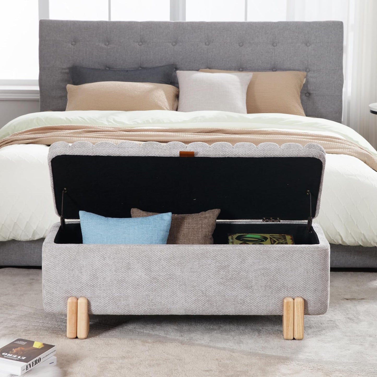 Wavy Ottoman Storage Bench Multi-Functional Narrow Entryway Bench Elegant End of Bed Bench with Storage and Safty Hinge for Living Room Entryway Hallway Bedroom Boutique, Grey