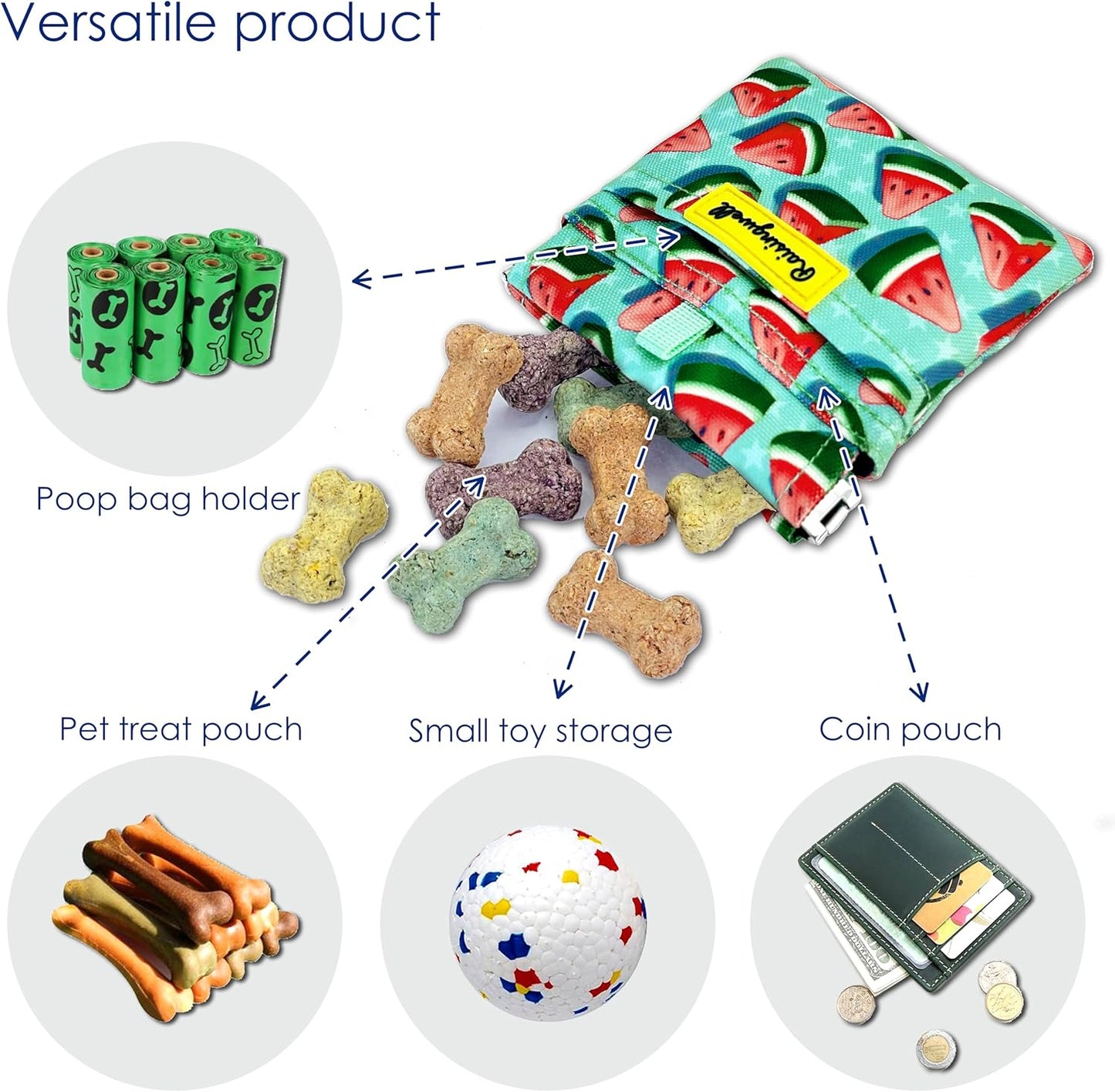 Dog Treat Pouch,Cotton Pocket Sized Training Holder, Hand Free Walking Funny Bag with Carabiner, Self-Closing Pet Feed Snack Reward, Behavior Aids for Puppy Travel or Outdoor Use（Watermelon）