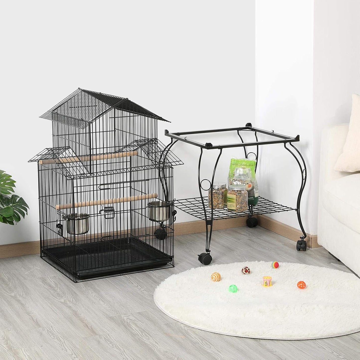 Yaheetech Budgie Cage 55-inch Rolling Standing Triple Roof Medium Parrot Cage Pet Bird Cage with Detachable Stand for Cockatiels Sun Parakeets Green-cheeked Conures Macaw