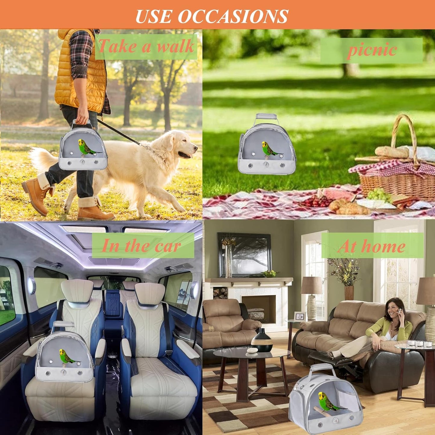 Bird Carrier Travel Cage with Stand, Small Bird Travel Carrier for Parrot with Perch, Side Access Window (Grey)