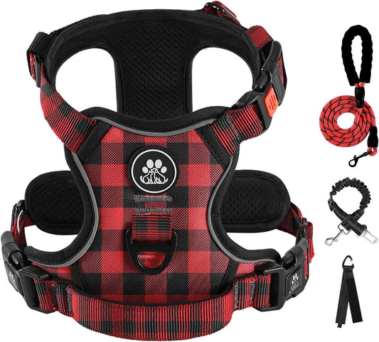 IVY&LANE No Pull Dog Harness with Leash Set, Reflective No Choke Pet Vest,Adjustable Oxford Dog Vest Harness with Easy Control Handle for Large Dogs (Checkered Red,XL)