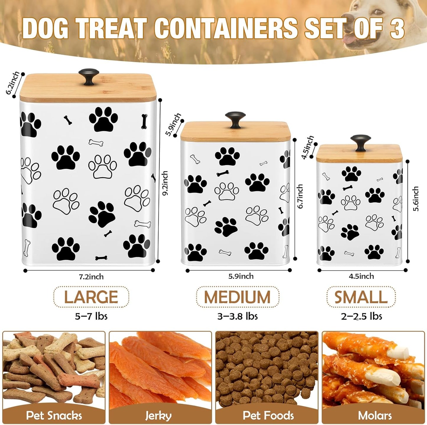 3 Pack Airtight Dog Food Containers with Bamboo Lids, Metal Dog Treat Jars Canisters for Kibble, Biscuits, Snacks, Cookies, Pet Food Storage Set for Kitchen Counter(White)