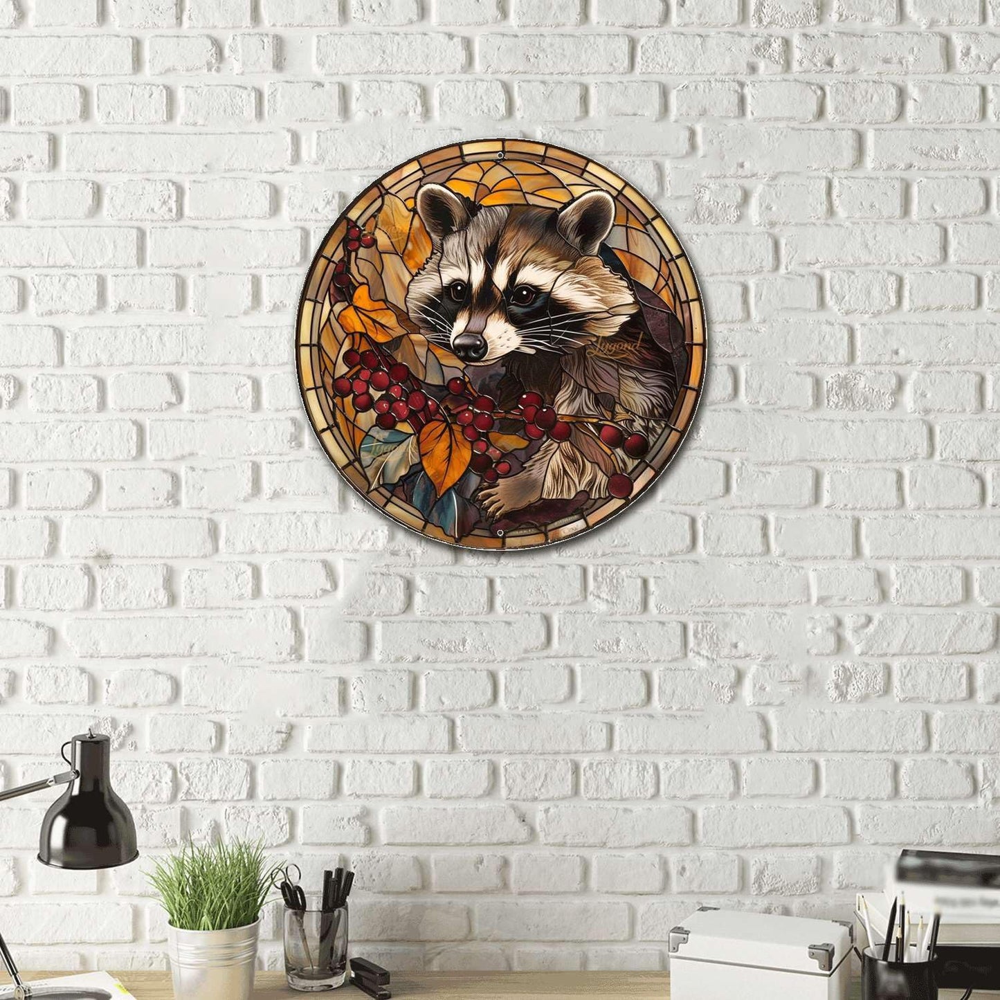 Lygond Metal Sign Tin Sign Circular Stained Glass Raccoon Garden Metal Sign for Pub 12×12 Inches