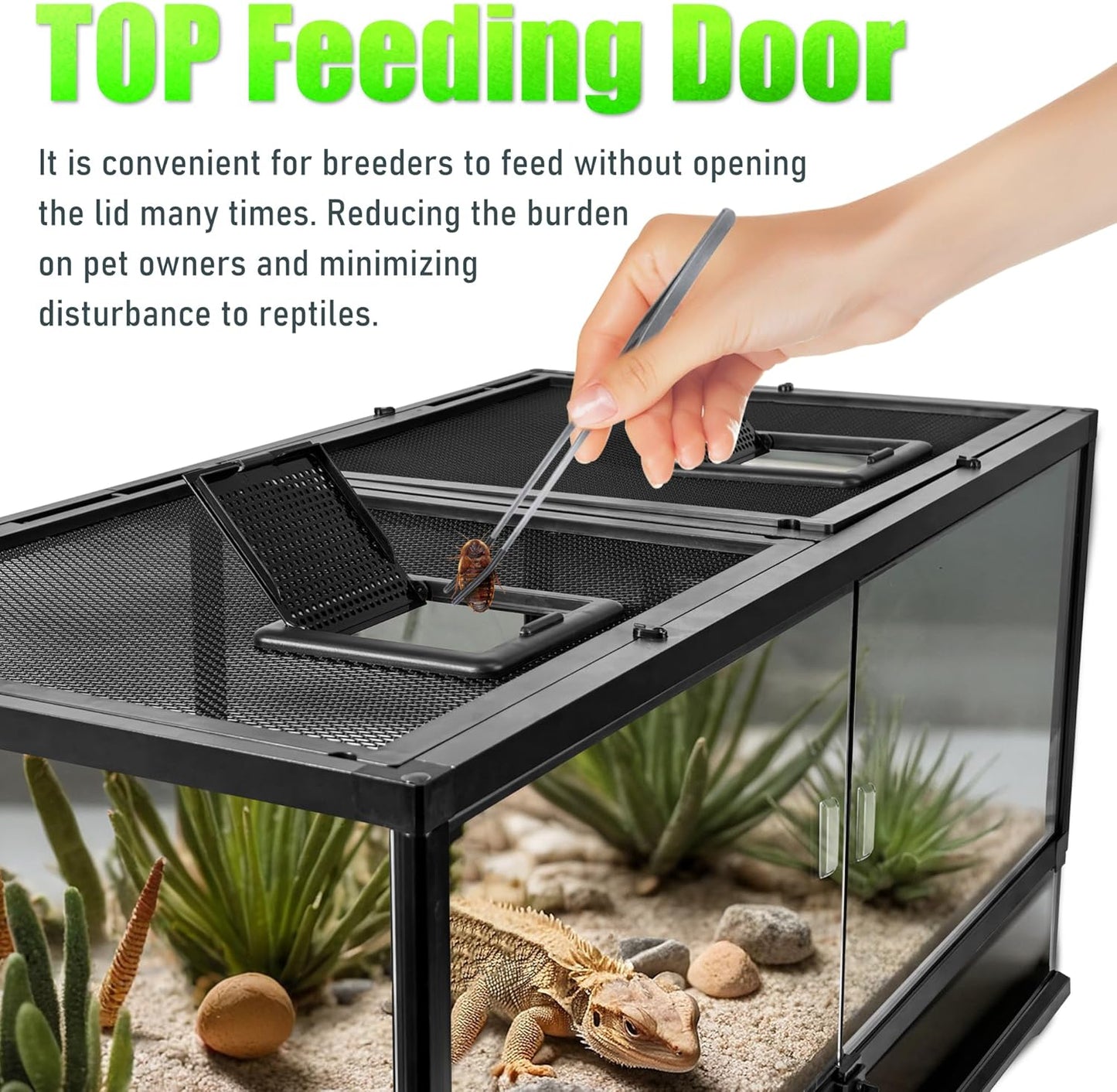 36’’18’’18’’ Reptile Terrarium with Full View Tempered Glass, 48 Gallon Reptiles Habitat Comes with Feeding Port and Mesh Top Vent, Suitable for Reptile Such as Bearded Dragon, Lizard and Snake