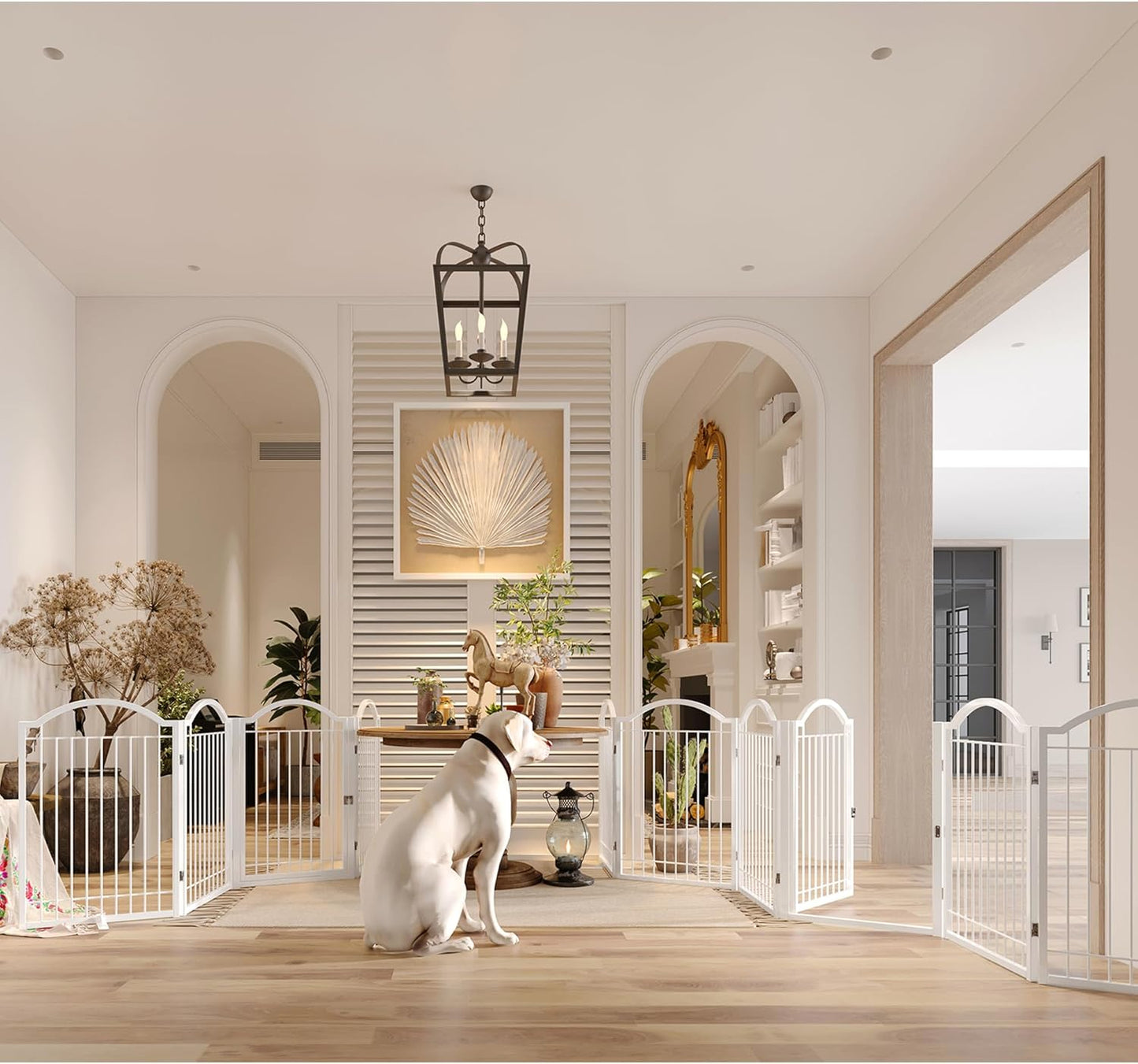 BHG Metal No-Assembly Freestanding Dog Gate with Door Walk Through, Extra Wide 144", Extra Tall 32" Pet Gate, Accordion Puppy Folding Playpen Dog Fence, with 2PCS Support (White, 6 panesl)