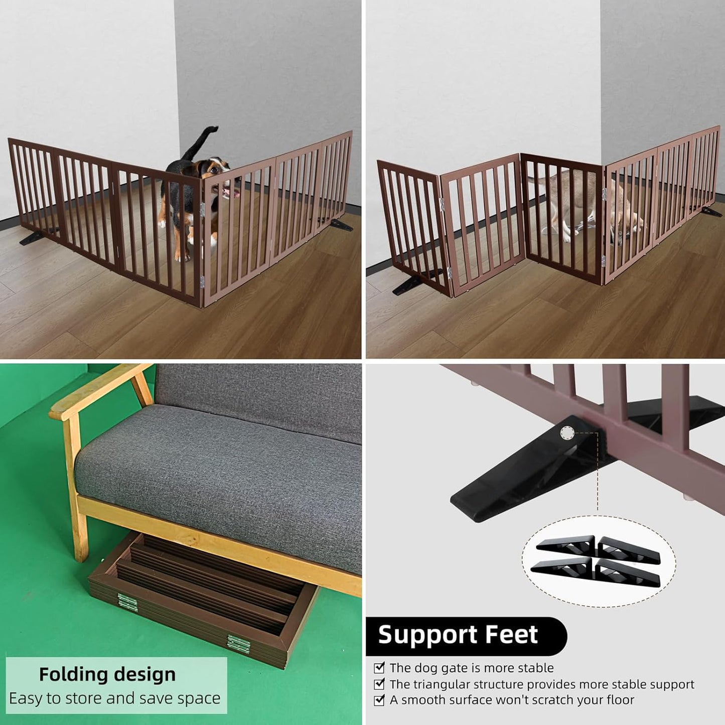 ZJSF Freestanding Indoor Dog Gate for House Foldable Wood Puppy Gate for Doorways Pet Gate for Stairs Extra Wide Pet Fence, Brown, 24" Height 6 Panels