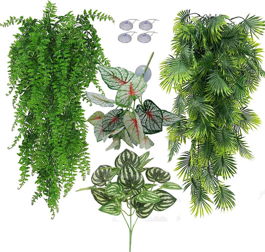 Reptile Plants for Bearded Dragon Tank Accessories, Terrarium Plant Artificial Decor for Snake Cage, Fake Plant for Leopard Gecko Habitat, Lizard Chameleon Ball Pythons (Group ABN)