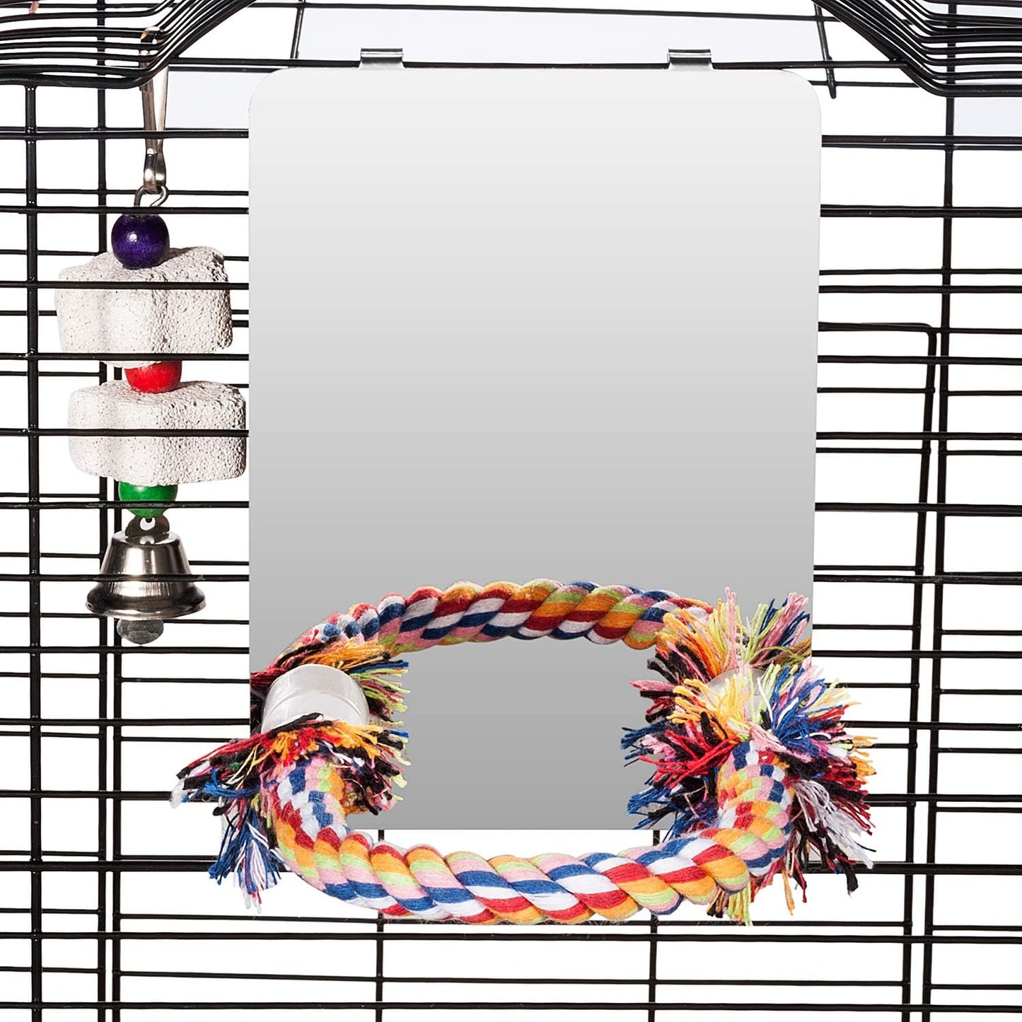 Colorday 7" Bird Mirror with Rope Perch, Bird Swing, Parrot Cage Toys for Parakeet African Grey Conure Cockatiel Lovebird Finch Canarie, Medium