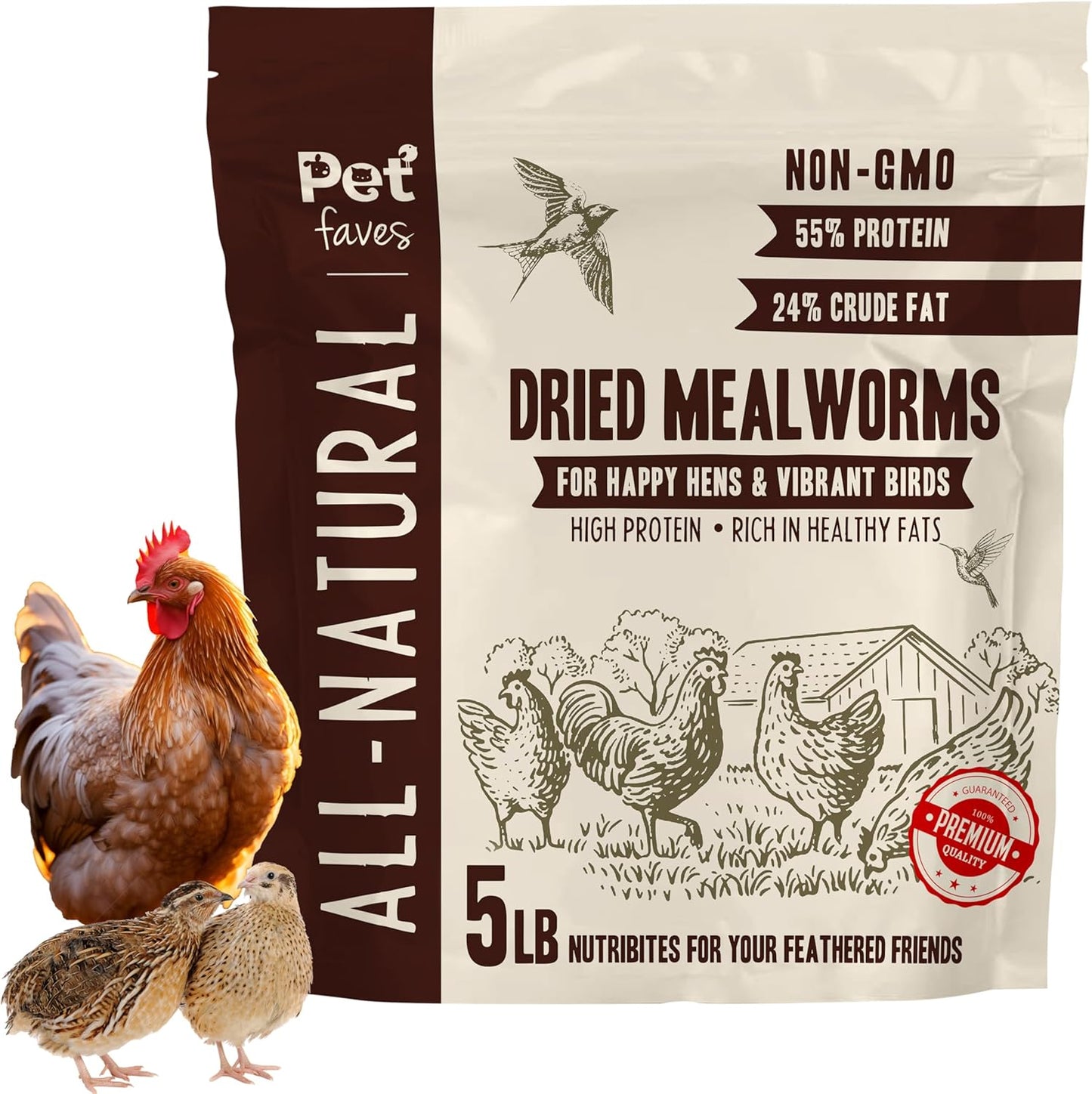Dried Mealworms for Chickens, Birds, Hamster, Reptile and Turtle - Premium Non-GMO Treats with 55% Protein for Laying Hens - Organic Food for Wild Bird, Bluebirds, Robins, Cardinals. 5 Lb