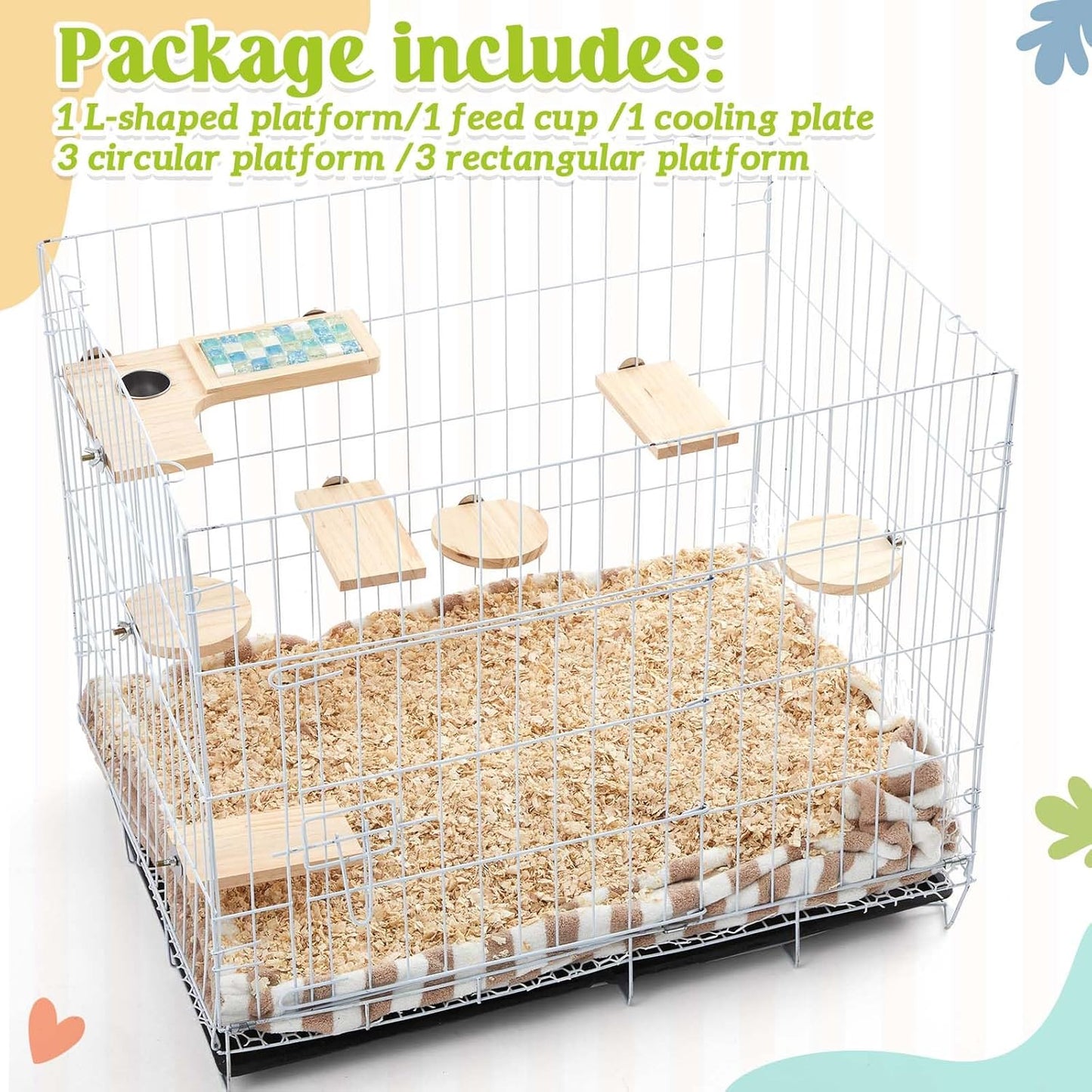 Set of 9 Wooden Hamster Cage Platform Chinchilla Ledges and L Shaped Round Hole Rat Cage Accessories with Cooling Standing Board Food Cup for Squirrel Gerbil Guinea Pig Small Animal