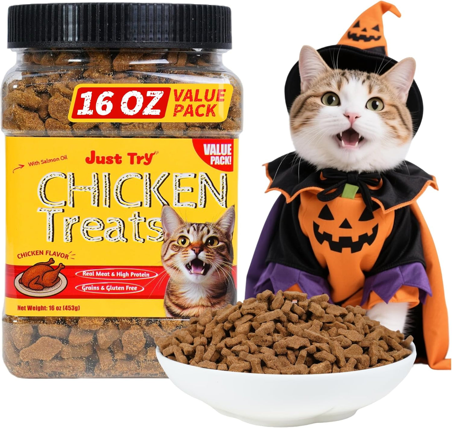Just Try 16 OZ Cat Treats for Indoor Cats, High Protein Low-Calorie Cat Snacks, Healthy Crunchy Treats, Grain Free Natural Chicken Flavor