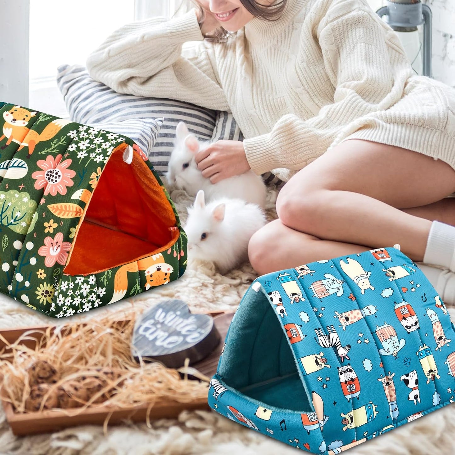 4 Pcs Guinea Pig Hideout, Guinea Pig Bed Tunnel, Rabbit Washable Small House Cage Accessories for Bunny Hedgehog Mouse Chinchillas Hamsters Ferrets Bearded Dragons Rats(Forest,9.8 in)