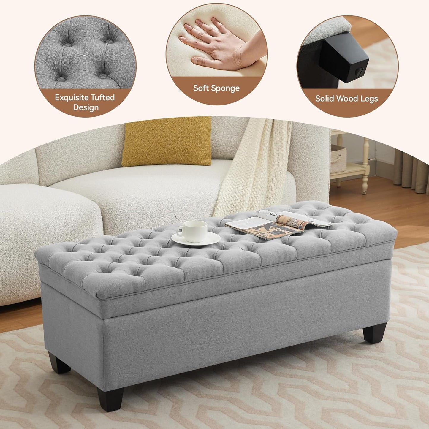 51" Fabric Storage Ottoman Bench, Upholstered Rectangle End of Bed Storage Ottoman Tufted Living Room Bedroom Bench with Safety Hinge, Solid Wood Legs, Loads 500 lb(Light Grey)