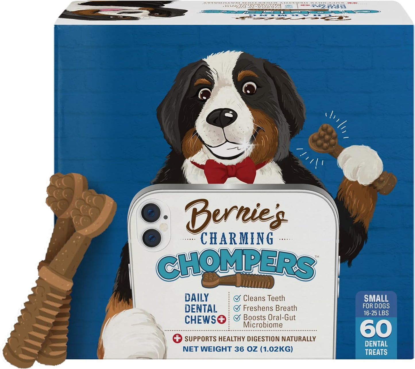 Bernie's Charming Chompers - Daily Dental Chews for Dogs - Cleans Teeth, Freshens Breath, + Boosts Oral-Gut Microbiome. Easy to Digest, Supports Healthy Digestion Naturally (36 oz, Small Dogs)