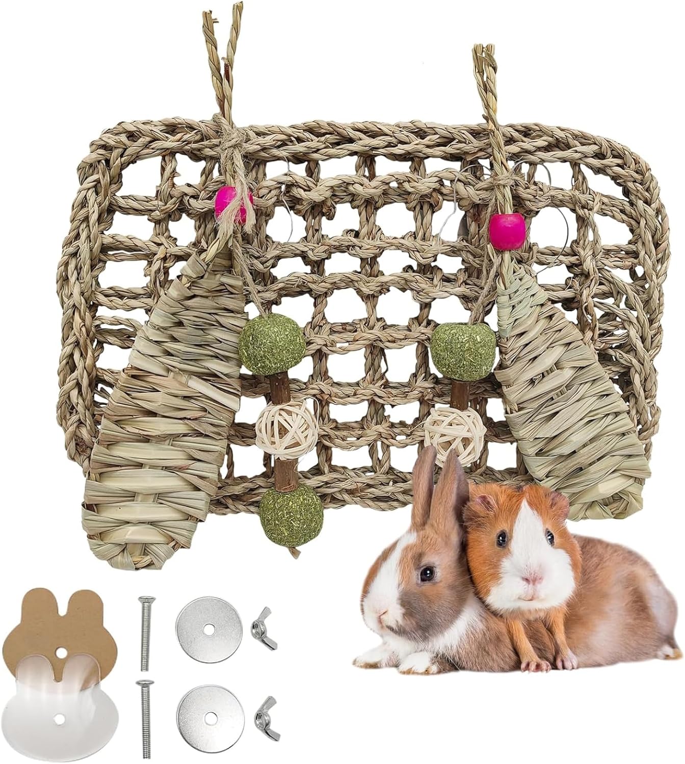 Hamiledyi Rabbit Seagrass Mat Hanging Bunny Chew Toys for Teeth Rabbit Enrichment Activity Mat Small Animal Toys for Guinea Pigs Chinchillas Gerbils Birds