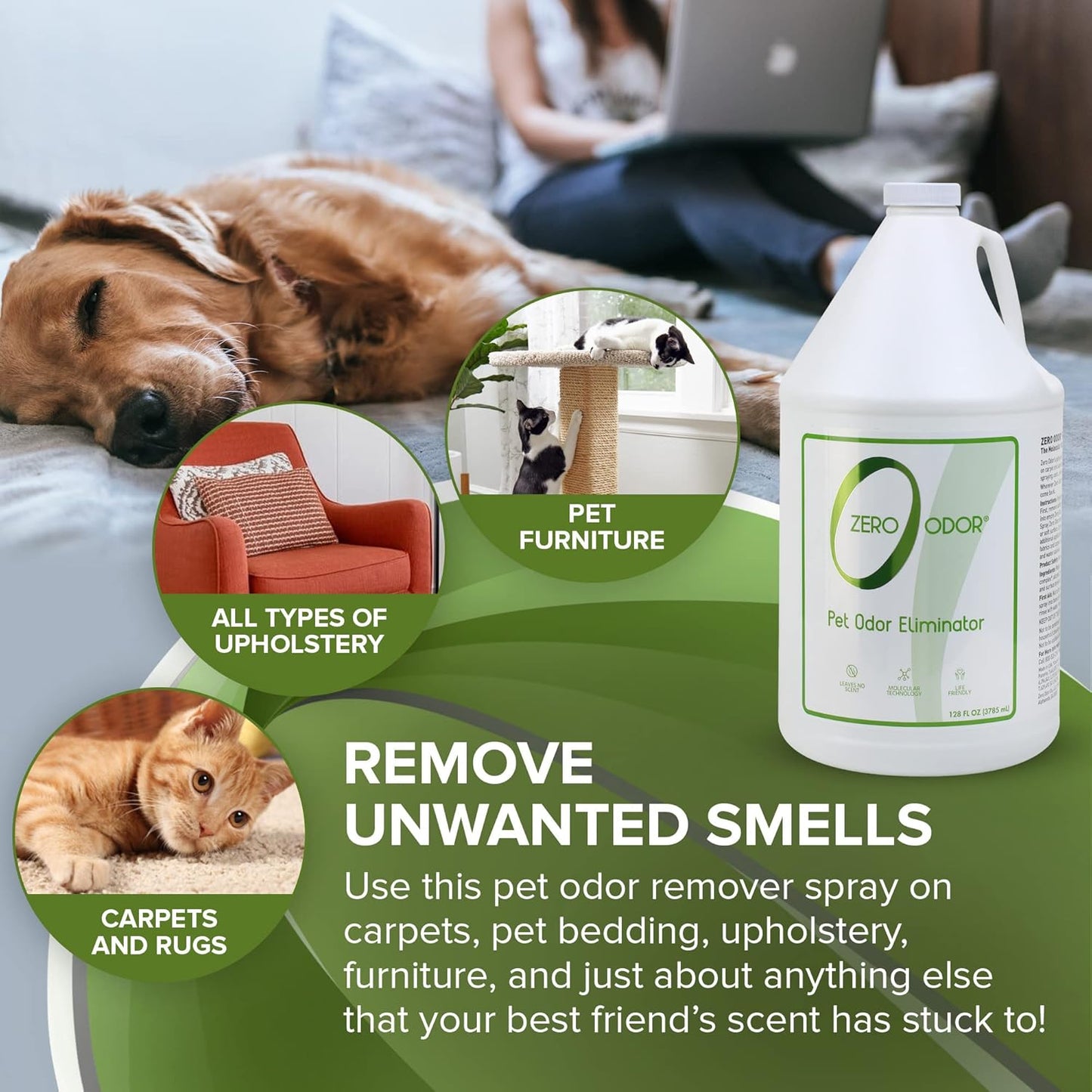 Zero Odor - Pet Odor Eliminator for strong odor, Eliminate Air & Surface Odors – Patented Molecular Technology Best For Carpet, Furniture, Beds Smell Great Again (128 Ounces)