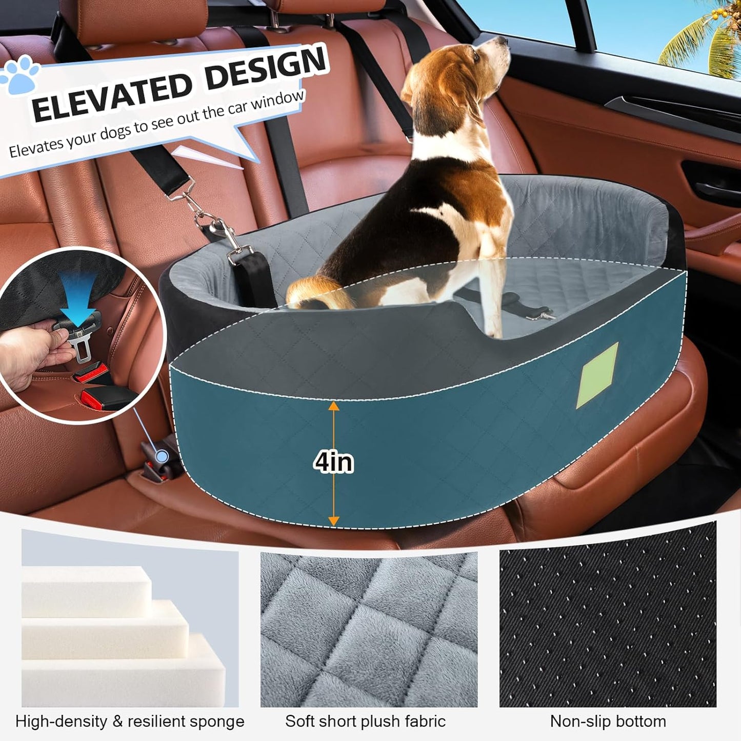 Dog Car Seat for Medium Dogs Up to 50 lbs, Pet Booster Seat for Cars SUVs and Trucks, Travel Dog Bed with Safety Strap, Thick Cushion, Non-Slip Base, Washable and Portable(Black/Gray