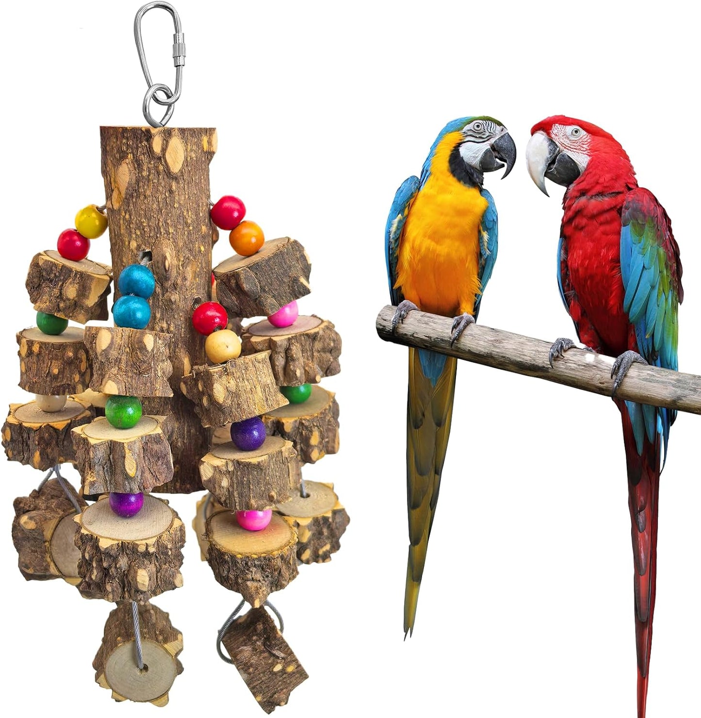 PINVNBY Large Bird Parrot Toys, Natural Wooden Blocks Chew Toy, Durable Cage Bite for African Grey Cockatoo Macaws Cockatiels Eclectus Large Medium Parrots (Small Size, Wire Link)