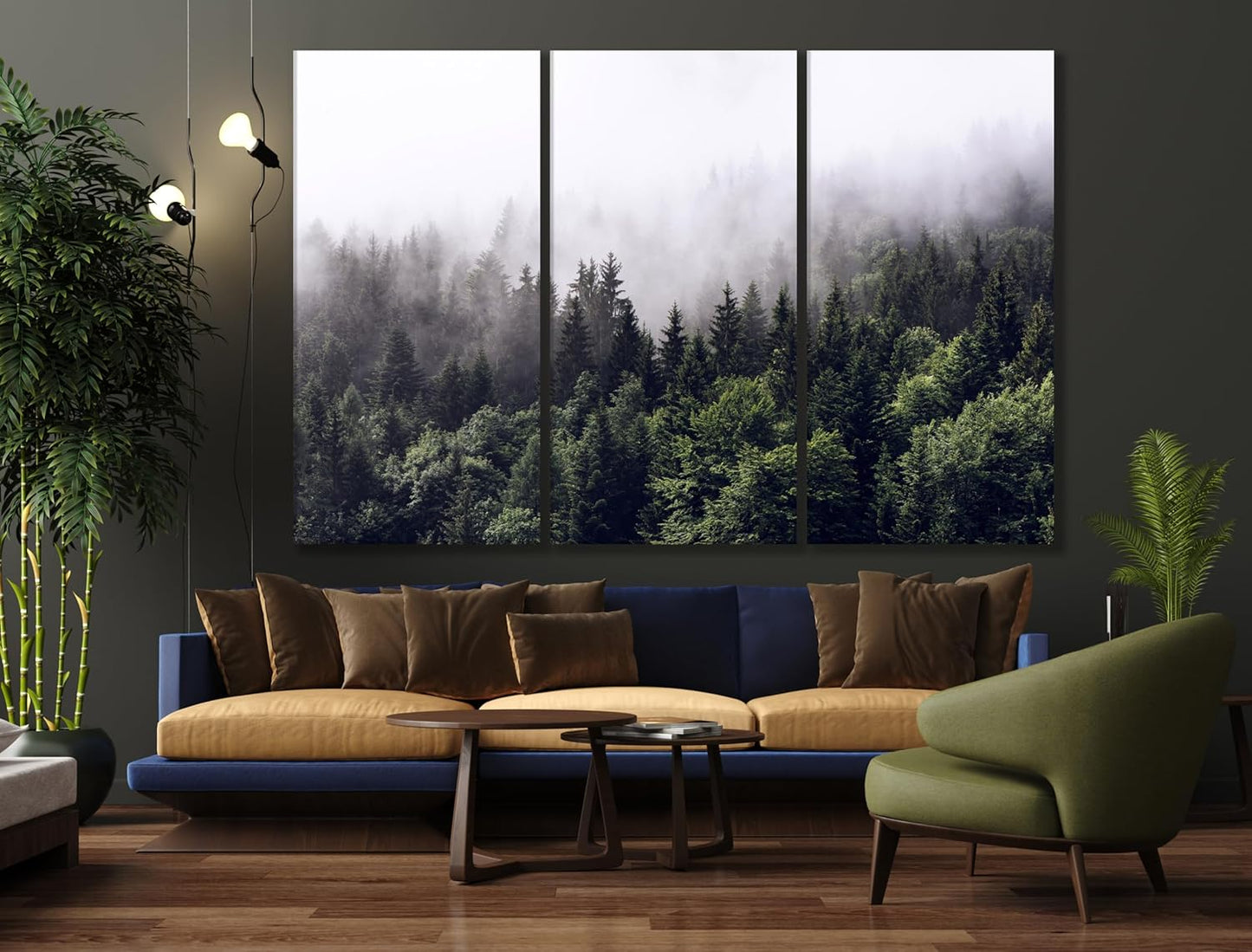 Nature Wall Art Prints - Ocean Forest Mountain Lake Canvas Landscapes - Small to Extra Large Living Room Bedroom Kitchen Bathroom Décor (Foggy Pine Forest, 35L" x 53W" - 3 Panels)