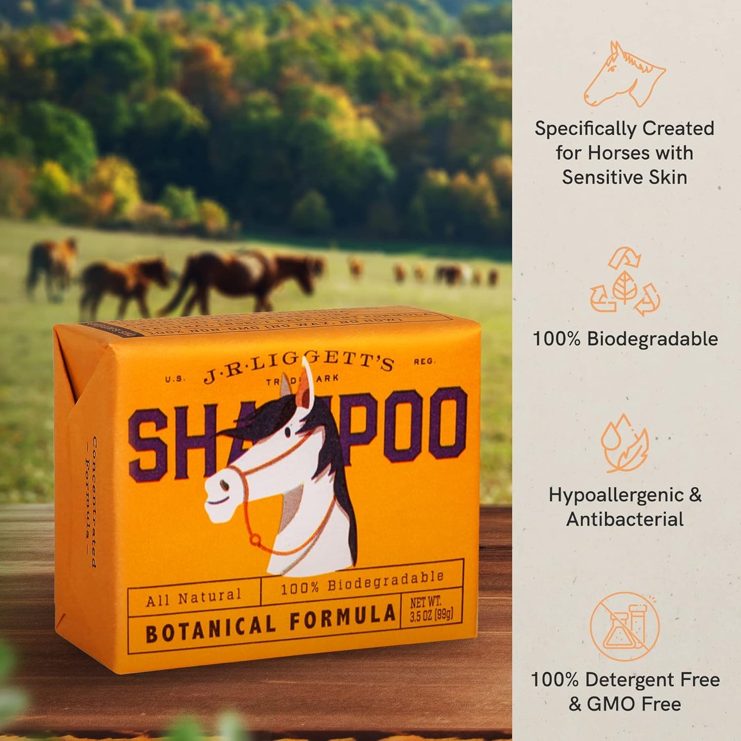 JR Liggett’s Botanical Horse Shampoo Bar for Sensitive Skin - 100% Detergent Free, Non-GMO & Biodegradable - Deep-Cleansing, Hypoallergenic Formula for Healthy Skin, Mane & Tail - 3.5 oz Bar