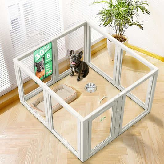 FXW AuraSpace Acrylic Indoor Unleashed Dog Playpen for Small and Medium Dogs, 30 Inch, 8 Panels, White