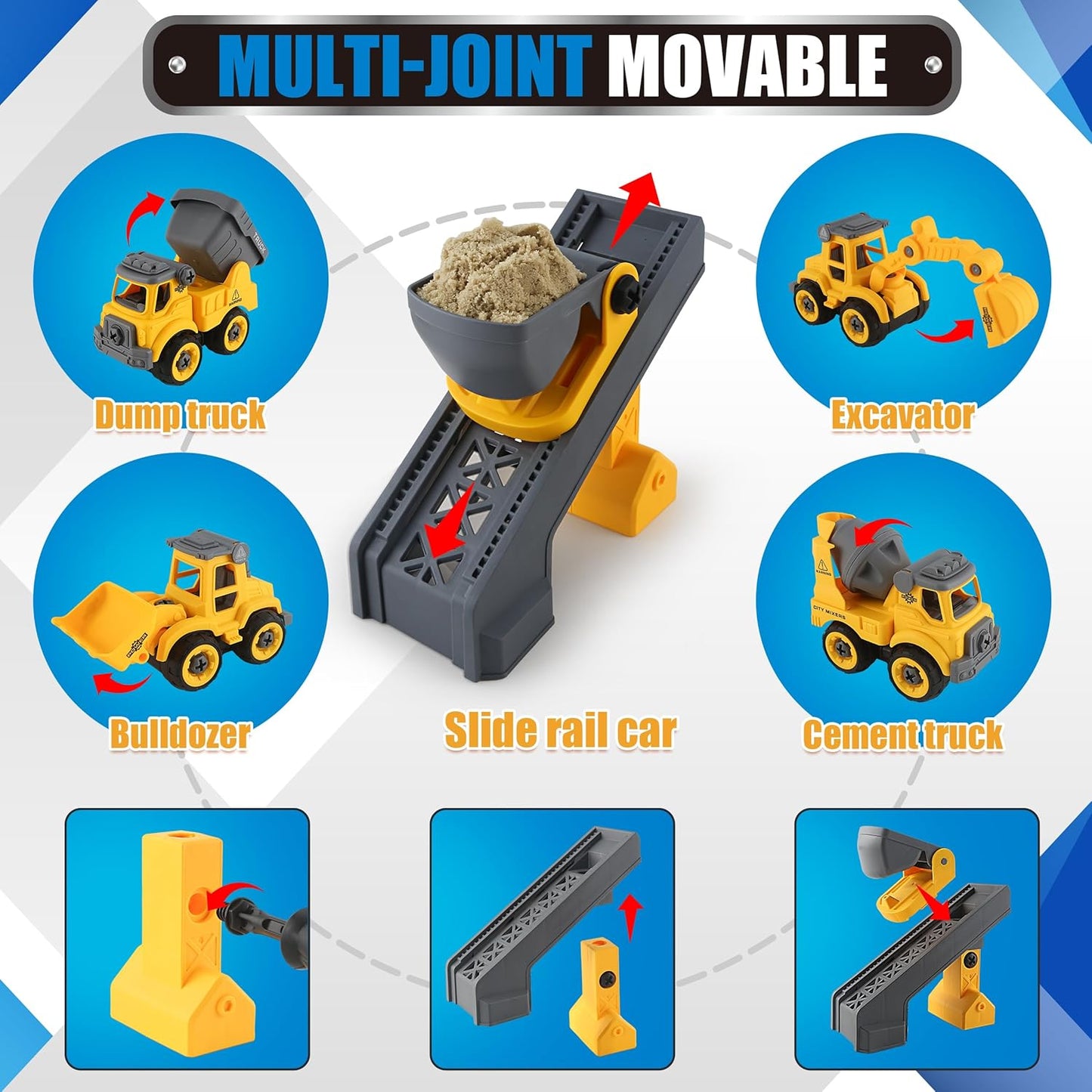 Construction Sandbox with Lid - 4 Vehicles with 1 Conveyor, 8 Castle Molds, 6 Figures & 3lbs Moldable Sand - Preschool Sensory Bin for Fine Motor Skills, Ages 3-6