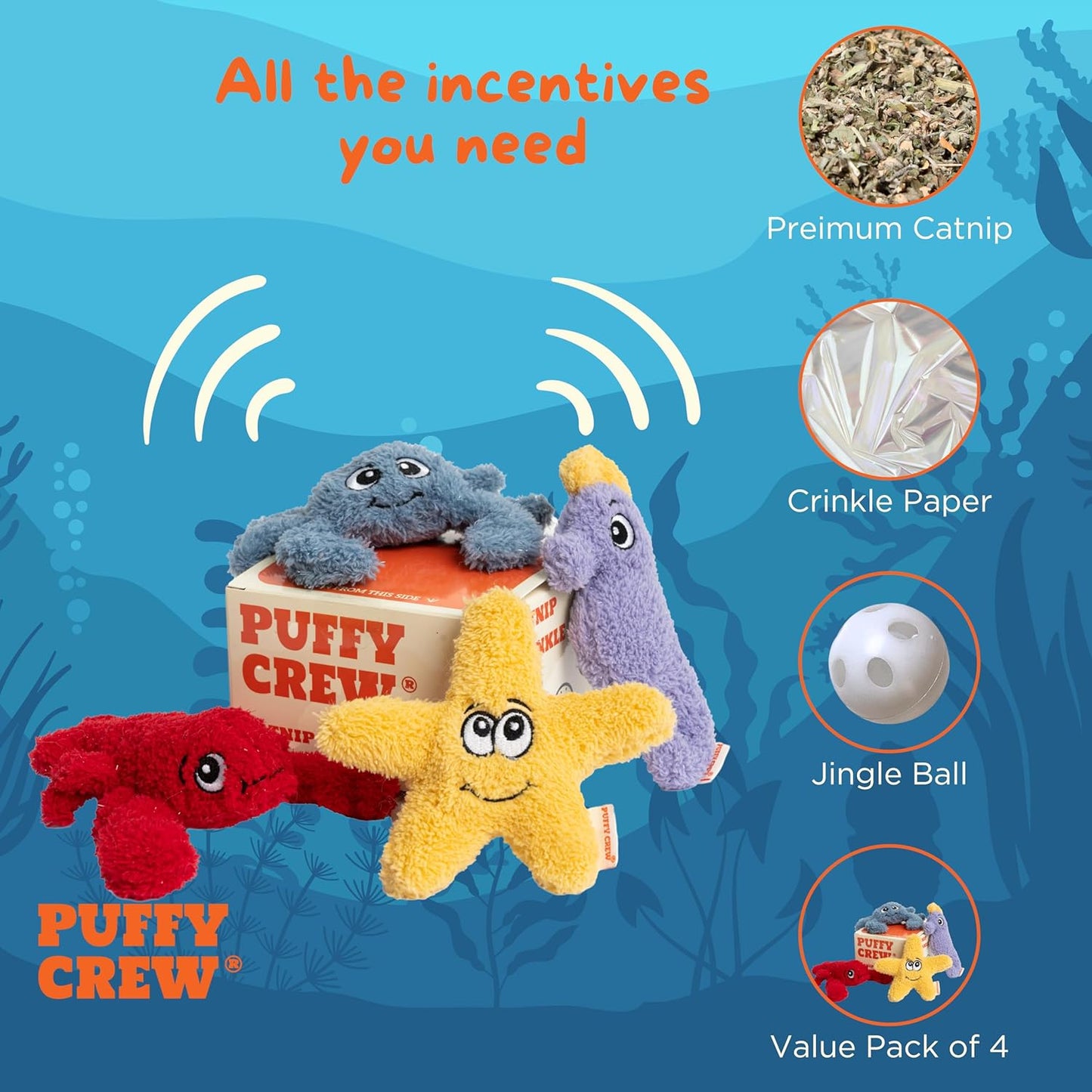 4 Pack Interactive Catnip Cat Plush Toy, Ocean Theme Set, 5'', for All Breed Size Cats (4 in 1)