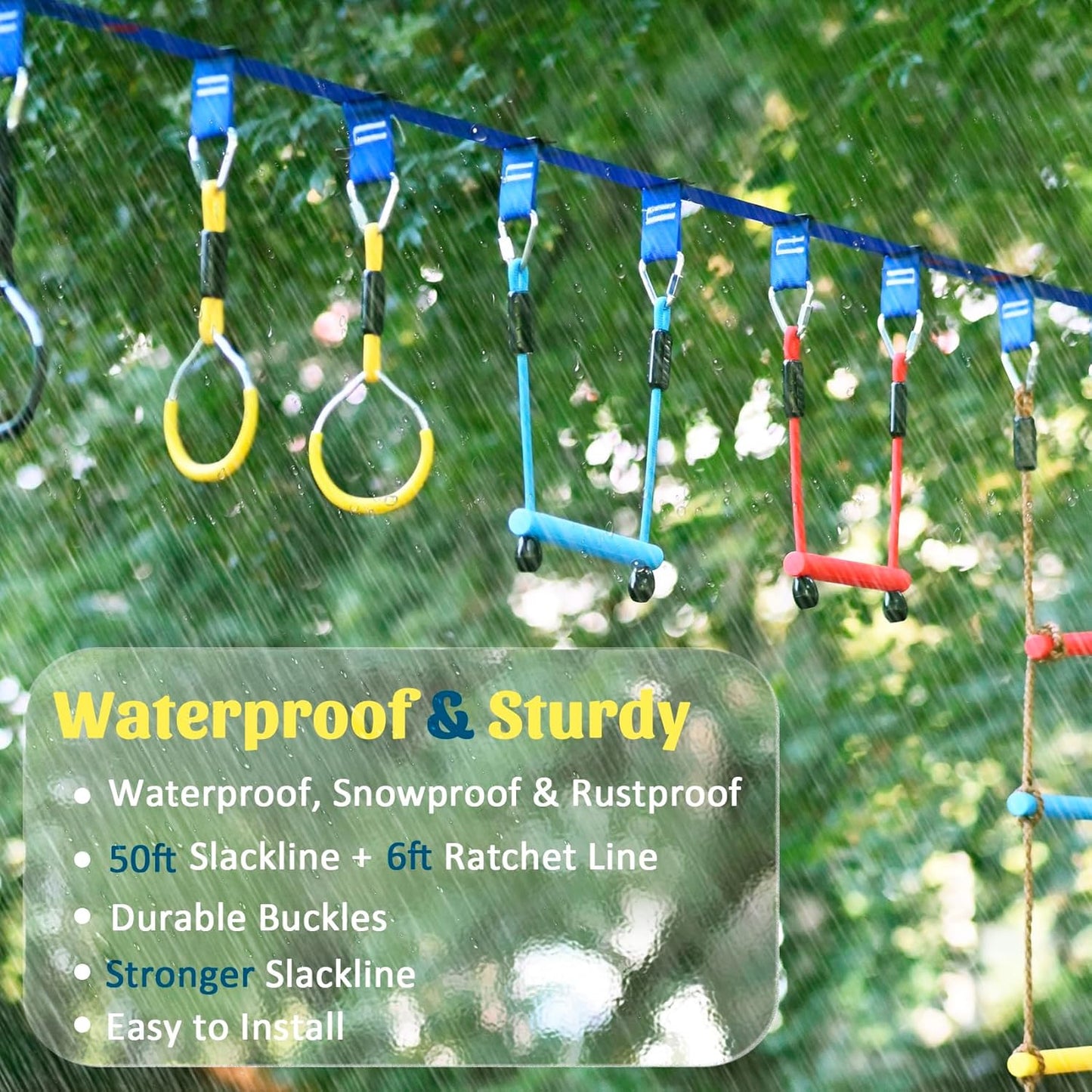 Ninja Warrior Obstacle Course for Kids, 2×56ft Slackline Kit with 8 Ninja Accessories - Monkey Bar, Rope Ladder, Gymnastic Ring, Arm Trainer and Monkey Fist