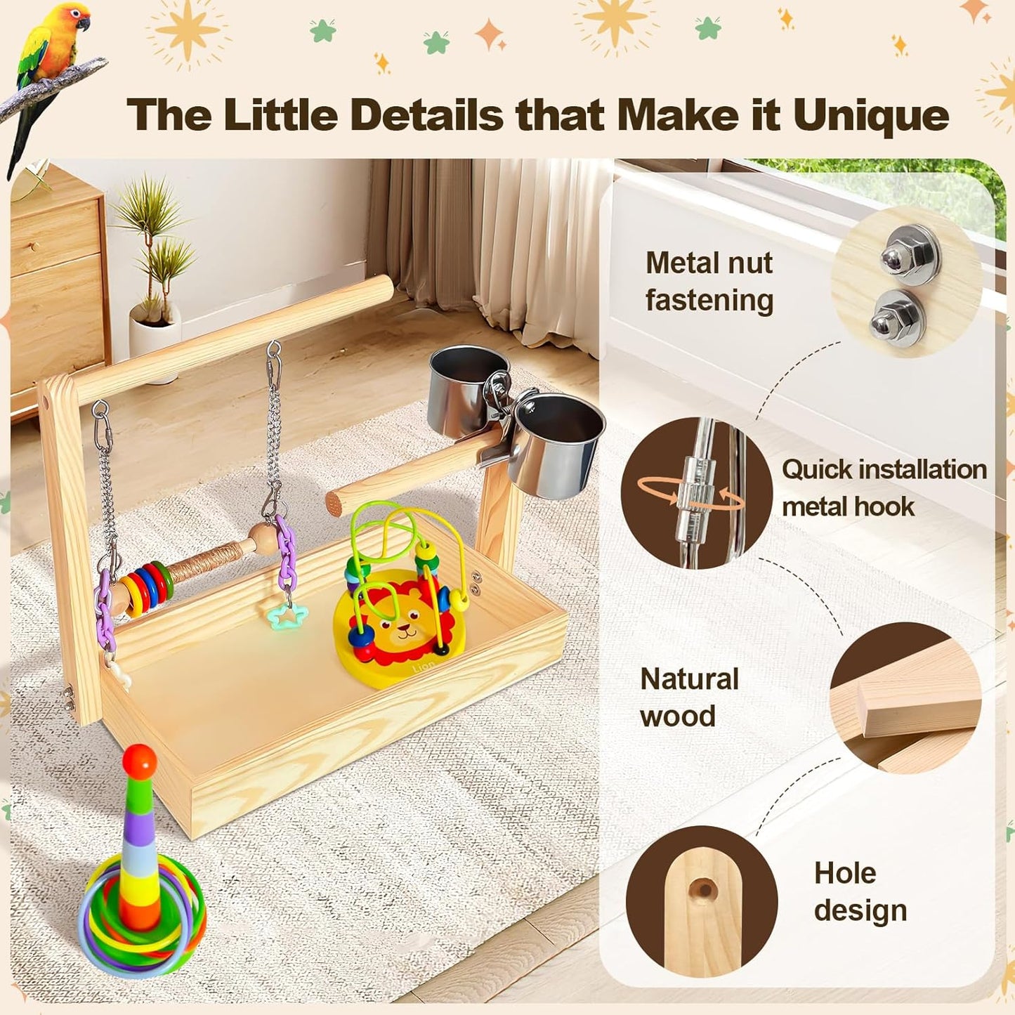 Mini Wood Bird Playground Birds Perch Stand Desktop Parrot Play Stand Parrot Tree with Feeder Cups Hanging Swing Toys and Foraging Toys Parakeet Play Gym for Budgie Cockatiel Conure Lovebird