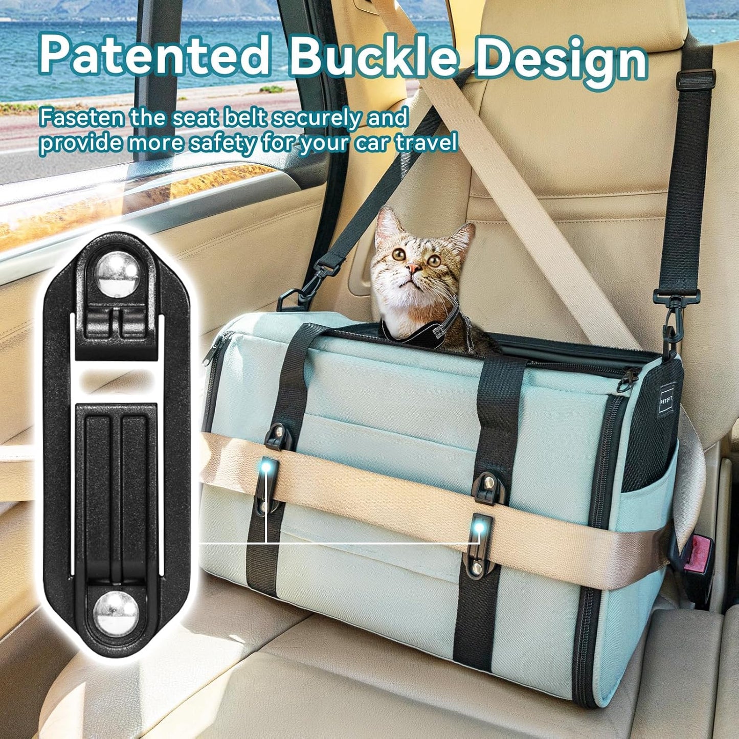 PETSFIT Soft-Sided Cat Carriers & Car Seats with Patent Safe Buckles, Clip-On Harness，18"x11"x11" Airline Approved Pet Carrier - 9 lbs Capacity (Cyan Blue)