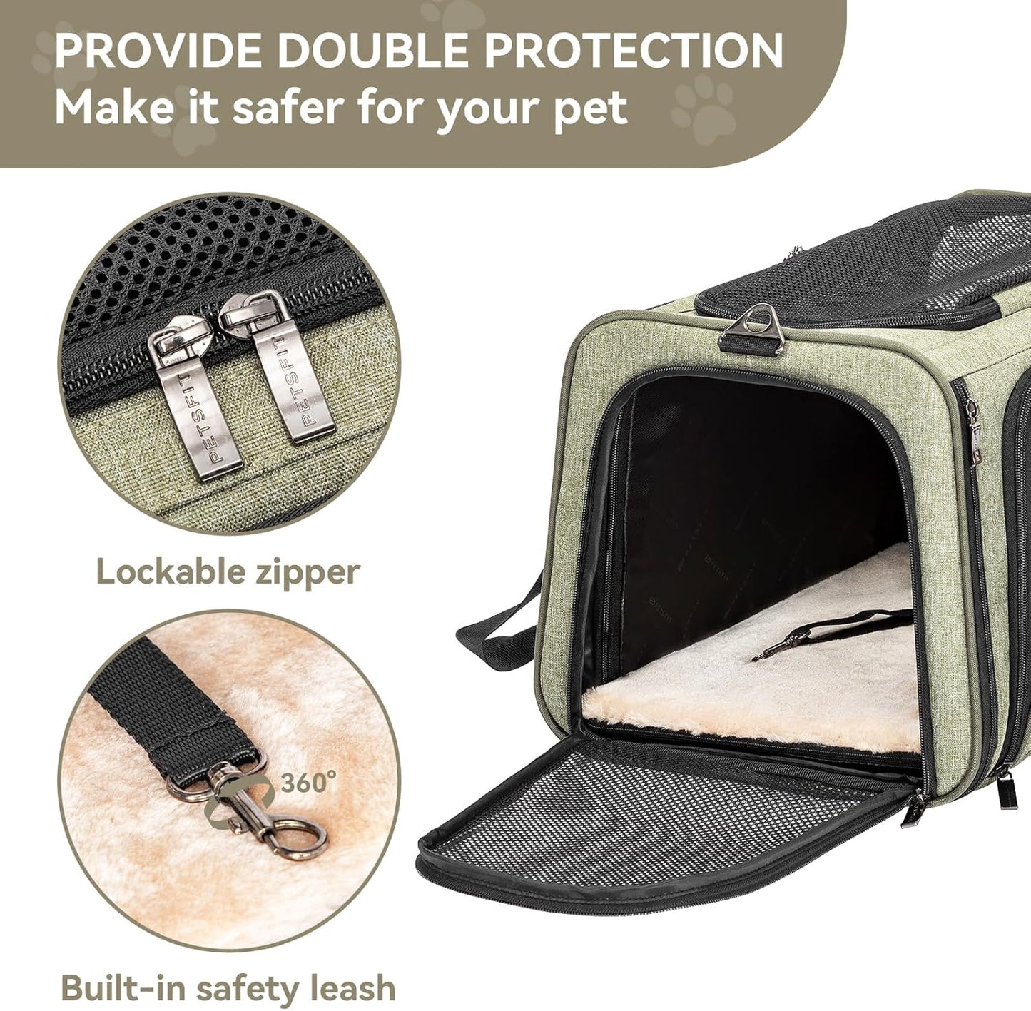 Petsfit Expandable Rabbit Carrier Bunny Carriers, 16 Inch Airline Approved Pet Carrier with 2 Extensions, Soft Washable Cushion, Self-Locking Zipper Head, Built-in Safety Rope, Fit for Travel