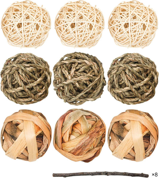 9 Pcs Small Animals Play Balls Rolling Activity Chew Toys Gnawing Treats for Rabbits Guinea Pigs Chinchilla Bunny Natural Balls, Pet Cage Entertainment Accessories (9 Pcs)