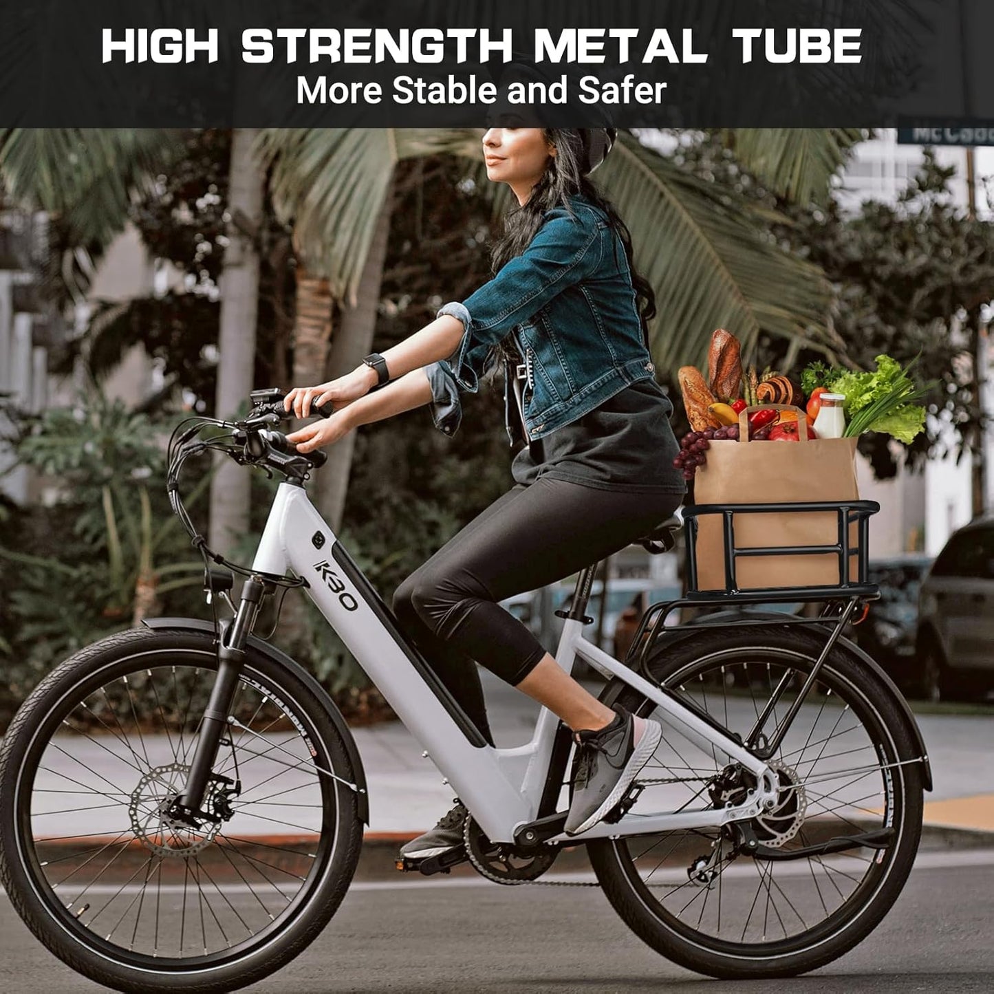 RAYMACE Rear Rack Bike Basket with Cargo Net and Liner Large Bicycle Basket Perfect Mount for Electric Bike