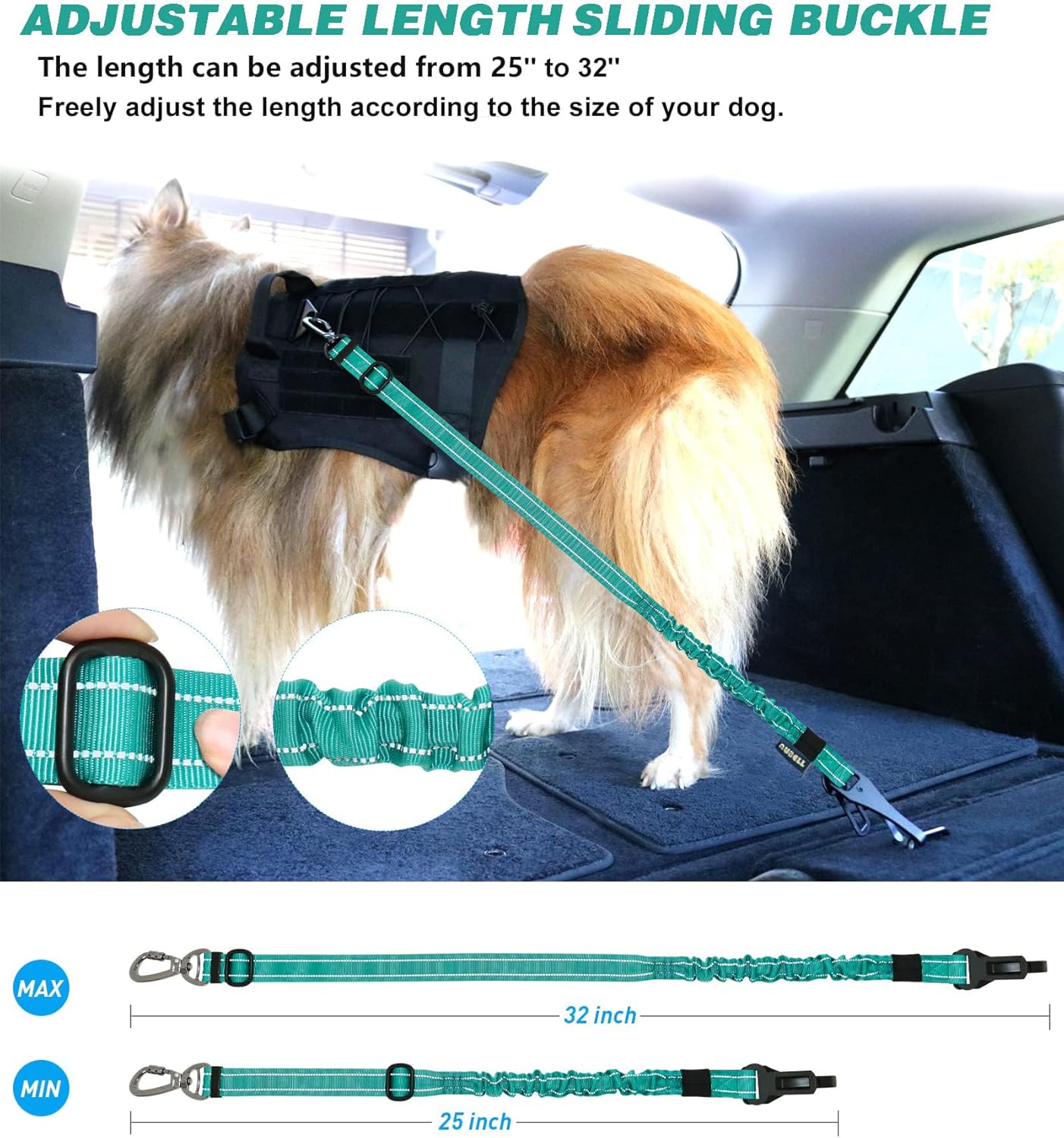AUBELL Dog Seat Belt for Car,Updated 3-in-1 Adjustable Reflective Bungee Heavy Duty Dog Car Harness Tether with Clip Hook Latch & Buckle,Swivel Zinc Alloy Carabiner,Teal