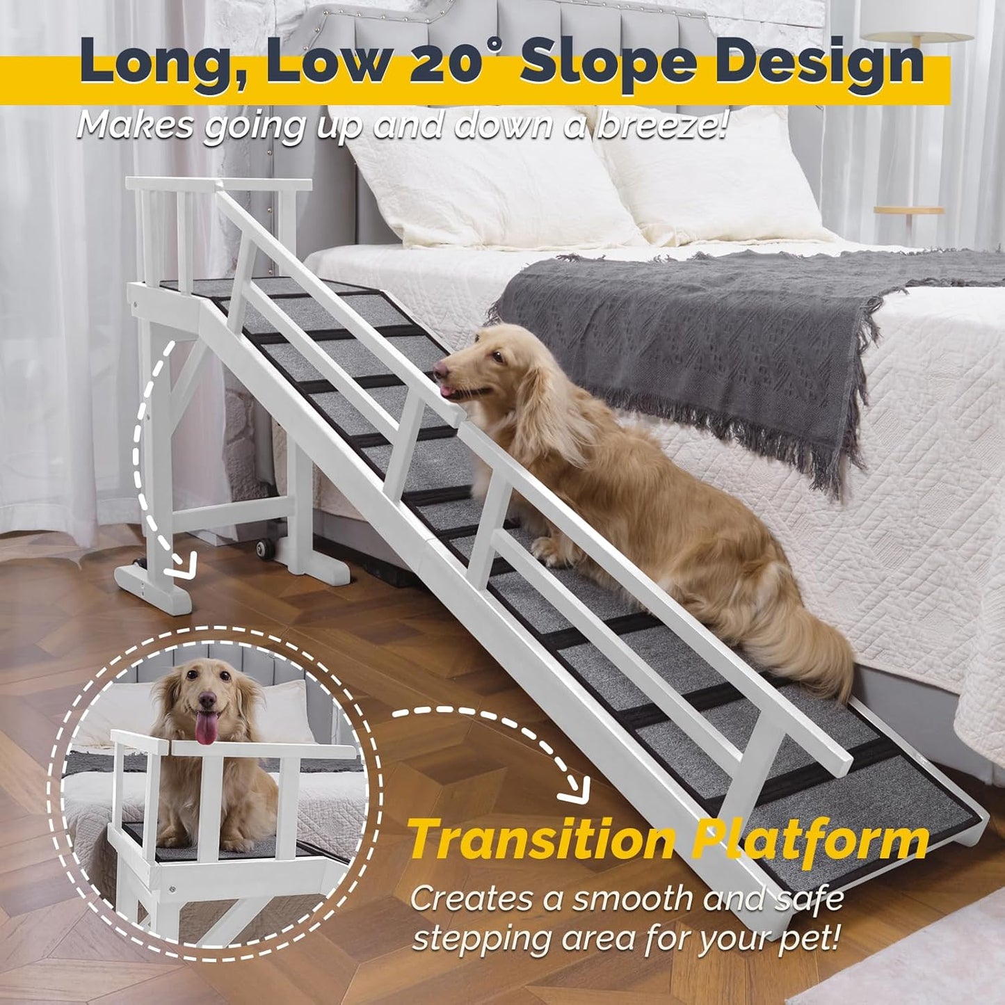 Dog Ramp for Bed or Couch, Wooden Pet Ramp with 20° Gentle Slope, Removable Side Rails, Non-Slip Surface, Top Platform & Wheels, Safe Bed Ramp for Small, Medium & Senior Dogs, 74" Long, White