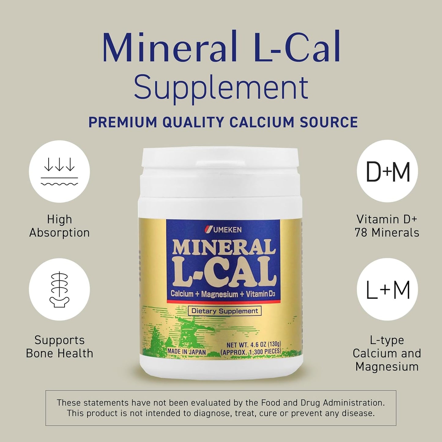Mineral L-Cal Calcium with Vitamin D3, 4 Month Supply, Water Soluble Ball Format with Magnesium & Minerals, Fast Absorbing Calcium Magnesium D3 Supplement, 1,300 Balls per Bottle, 130g Each, Pack of 2