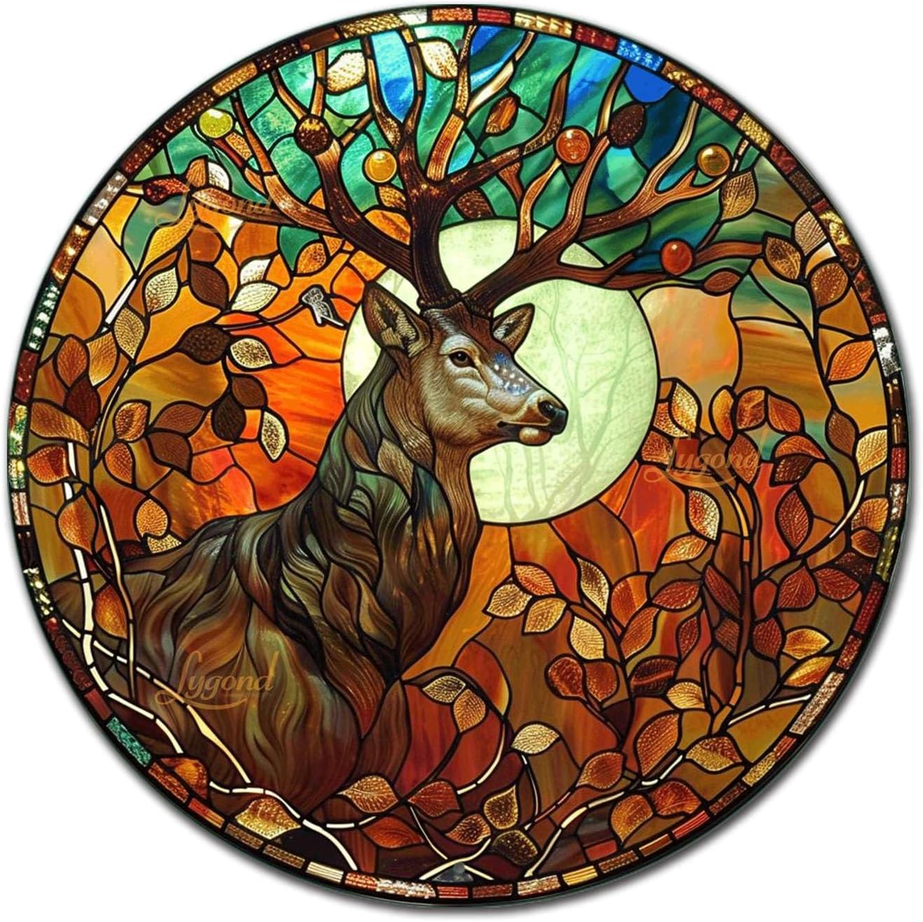 Lygond Metal Sign Tin Sign Circular Stained Glass Deer Vintage Metal Sign for Garage 8×8 Inches