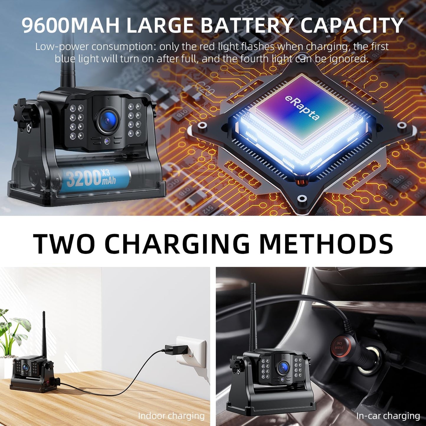 eRapta Magnetic Wireless Backup Camera Kit with HD1080P 7” DVR Monitor, Dual RV/Trailer/Truck/Tractor Cameras Wireless System, No Wiring, 9600mAh Rechargeable Battery, IR Night Vision-ACT702