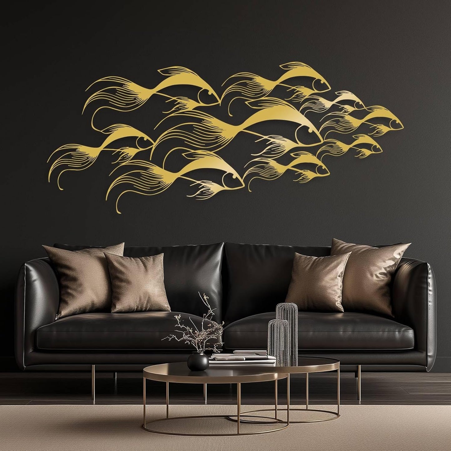 School of Fish Metal Wall Art, Metal Fish Wall Decor, Sea Life Wall Art, Large Nautical Wall Hanging, Modern Beach House Wall Decor, Ocean Themed Artwork for Bathroom (Black, 35"x15" | 90x38cm)