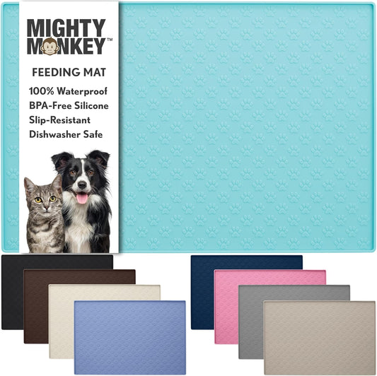 MIGHTY MONKEY 100% Waterproof Dog Food Mat, Raised Edges Silicone Pet Feeding Placemat for Cat, Dogs, Pet Bowls, High Lipped Tray Prevents Water Spills, Food on Floor, Dishwasher Safe, 24x16 Turquoise