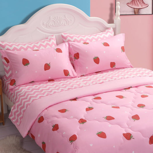 Girls Strawberry Comforter Set Queen Size - 7 Piece Bed in A Bag Bedding Set for Kids Teens - All Season (1 Comforter,1 Flat Sheet,1 Fitted Sheet and 4 Pillow Sham) Pink